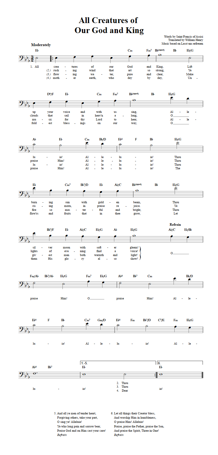 All Creatures of Our God and King Bass Clef Sheet Music