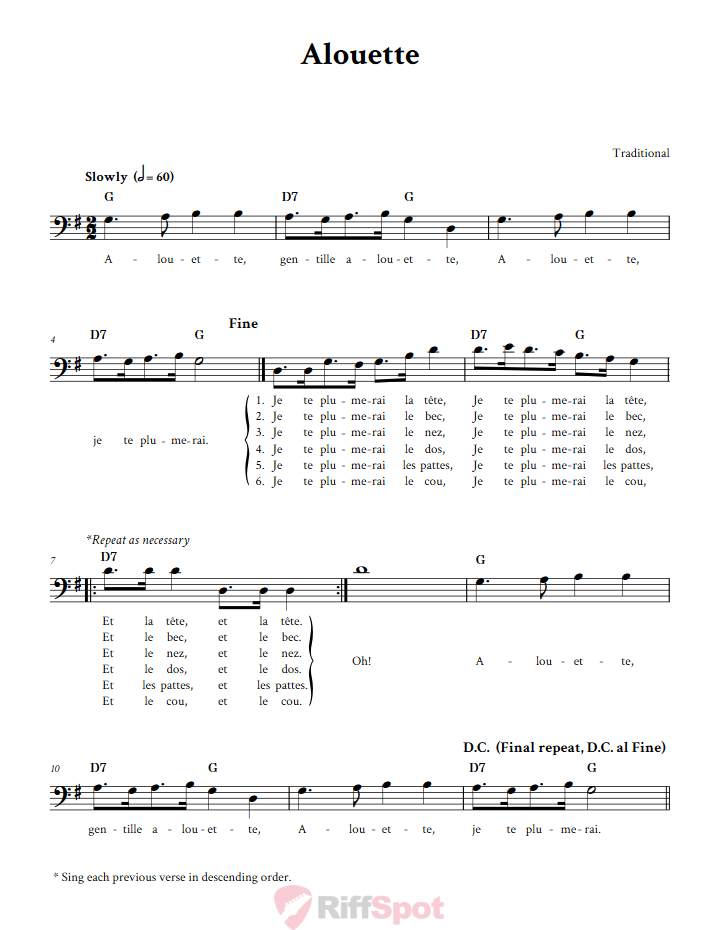 Alouette Bass Clef Sheet Music