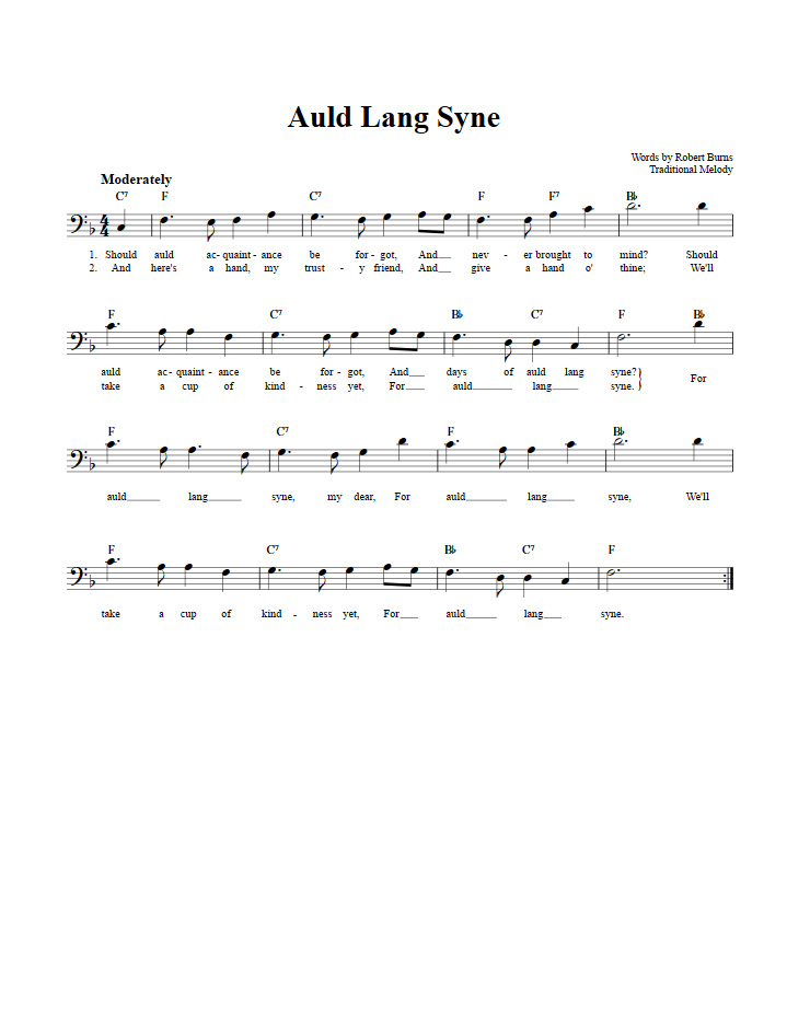 Auld Lang Syne Bass Clef Sheet Music