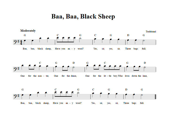 Baa, Baa, Black Sheep Bass Clef Sheet Music
