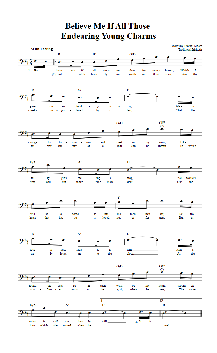 Believe Me If All Those Endearing Young Charms Bass Clef Sheet Music