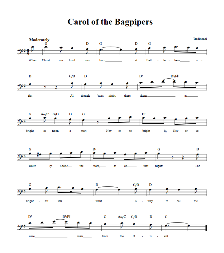 Carol of the Bagpipers Bass Clef Sheet Music