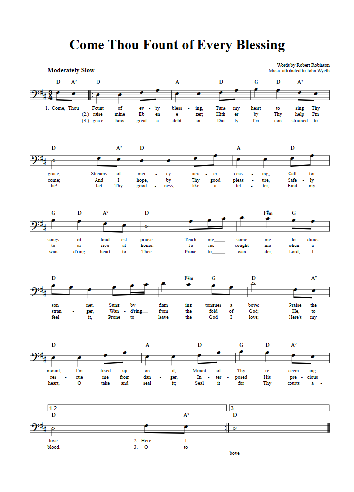 Come Thou Fount of Every Blessing Bass Clef Sheet Music