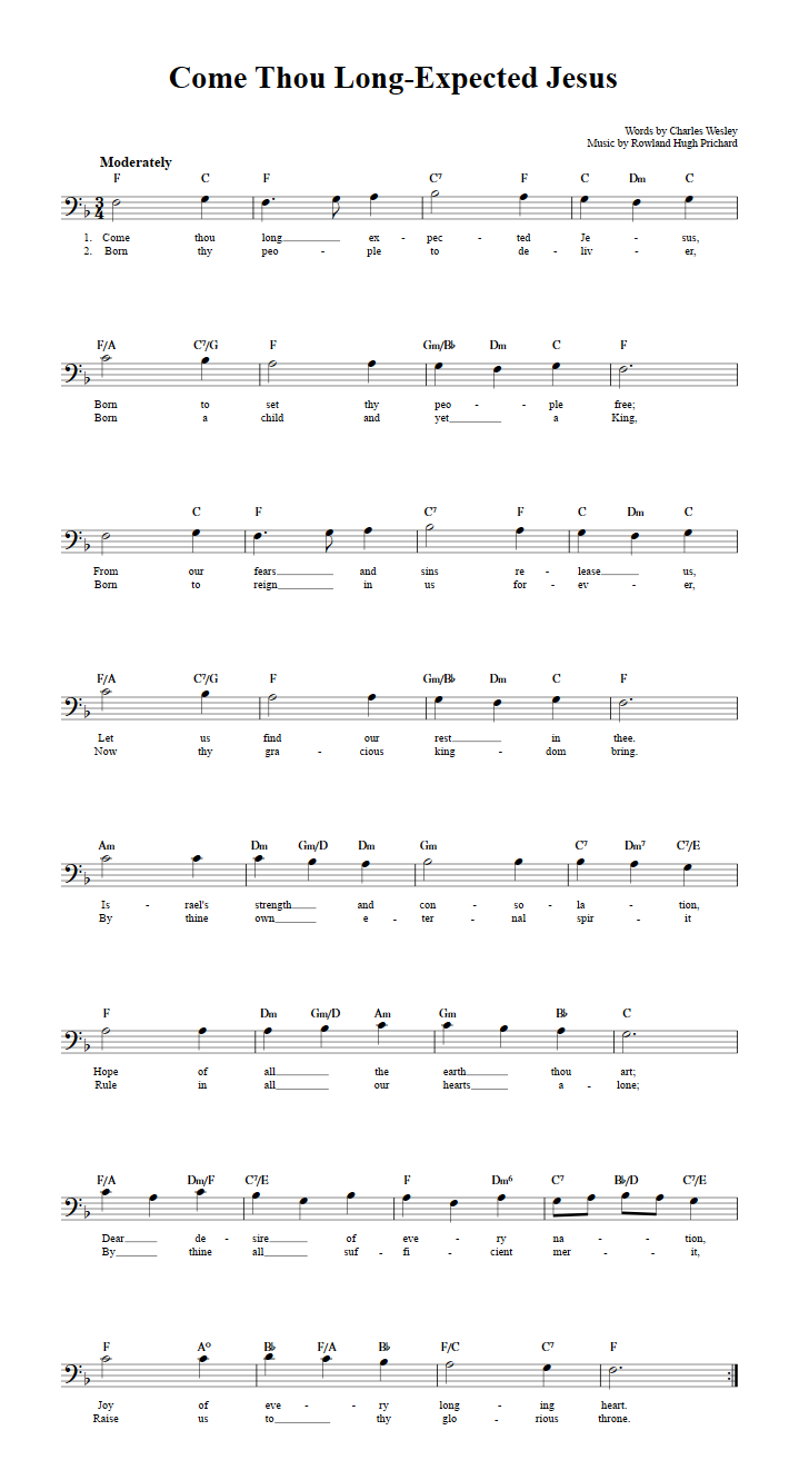 Come Thou Long-Expected Jesus Bass Clef Sheet Music