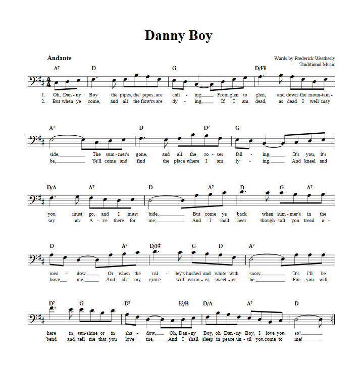 Danny Boy Bass Clef Sheet Music