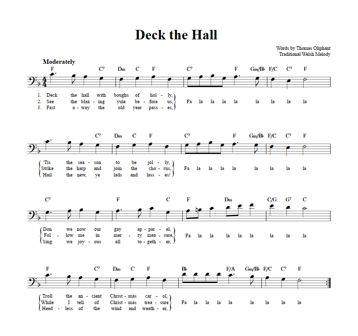 Deck the Hall Bass Clef Sheet Music