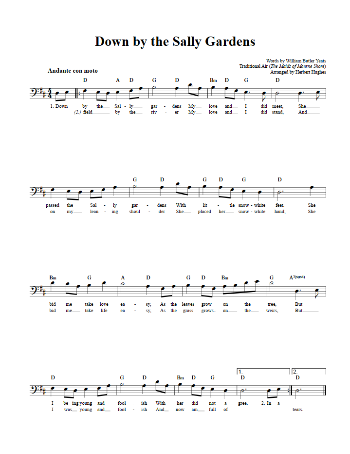Down by the Sally Gardens Bass Clef Sheet Music