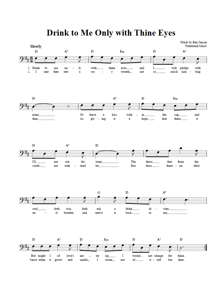 Drink to Me Only with Thine Eyes Bass Clef Sheet Music