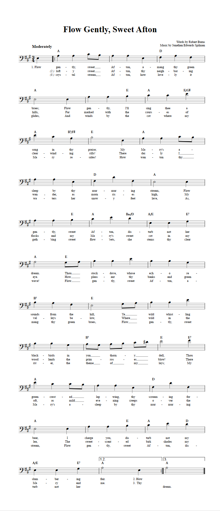 Flow Gently, Sweet Afton Bass Clef Sheet Music