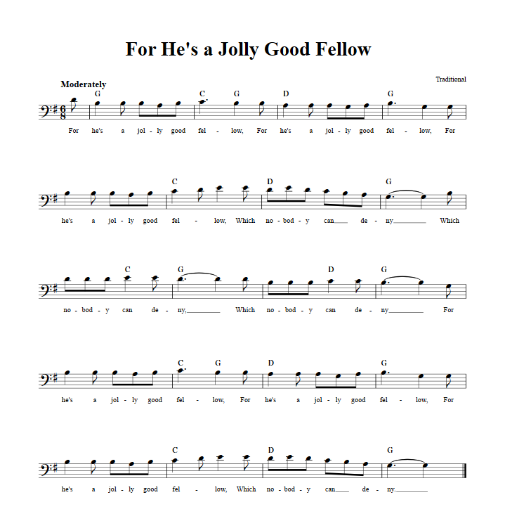 For He's a Jolly Good Fellow Bass Clef Sheet Music