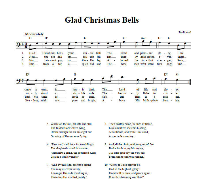 Glad Christmas Bells Bass Clef Sheet Music