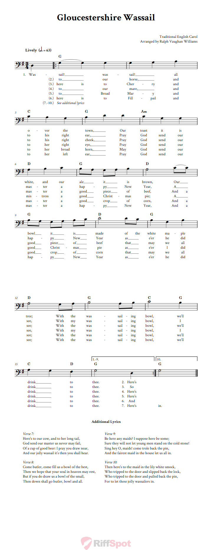Gloucestershire Wassail Bass Clef Sheet Music