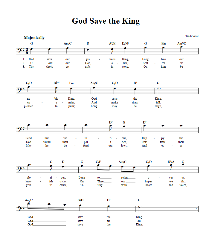 God Save the King Bass Clef Sheet Music