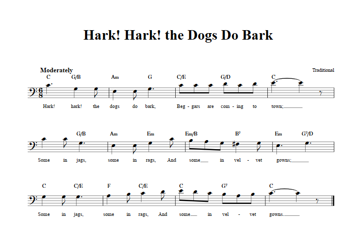 Hark! Hark! the Dogs Do Bark Bass Clef Sheet Music