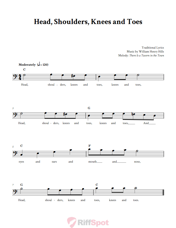 Head, Shoulders, Knees and Toes Bass Clef Sheet Music