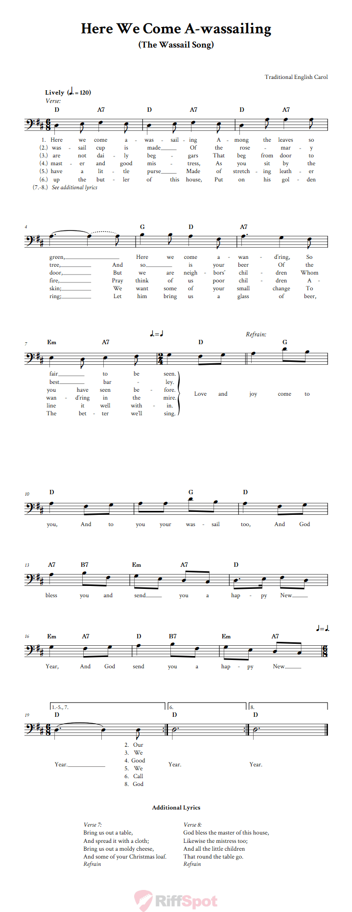 Here We Come A-wassailing Bass Clef Sheet Music
