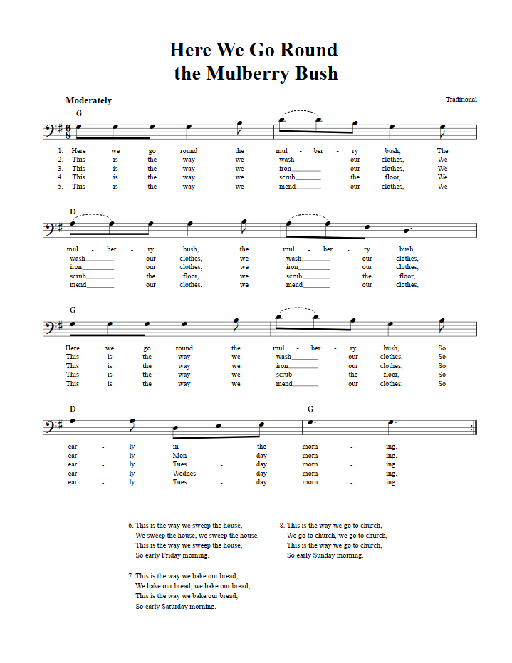Here We Go Round the Mulberry Bush Bass Clef Sheet Music