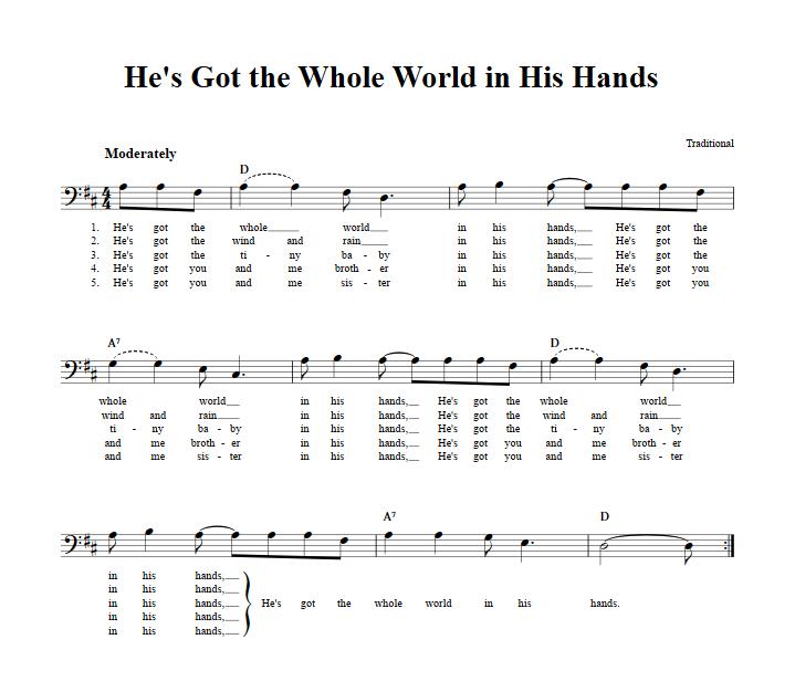 He's Got the Whole World in His Hands Bass Clef Sheet Music