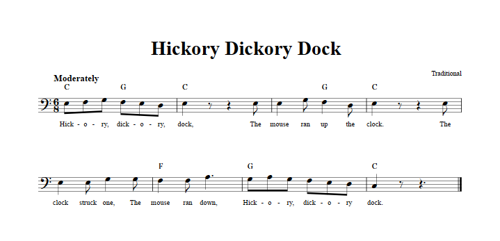 Hickory Dickory Dock Bass Clef Sheet Music
