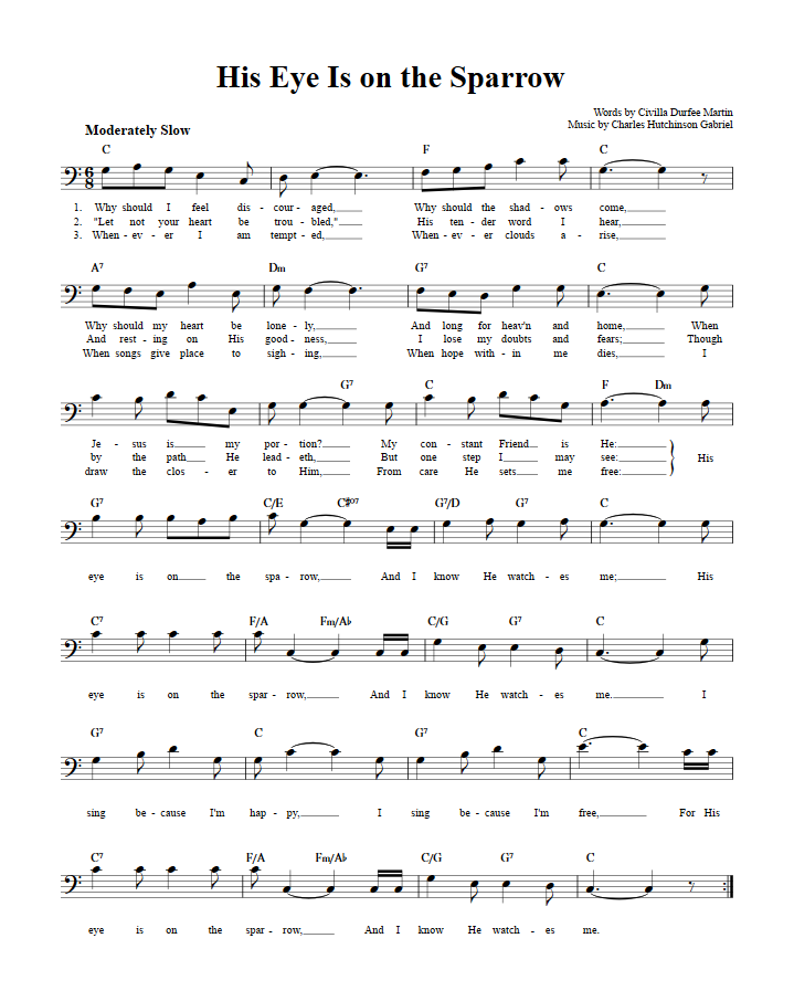 His Eye Is on the Sparrow Bass Clef Sheet Music