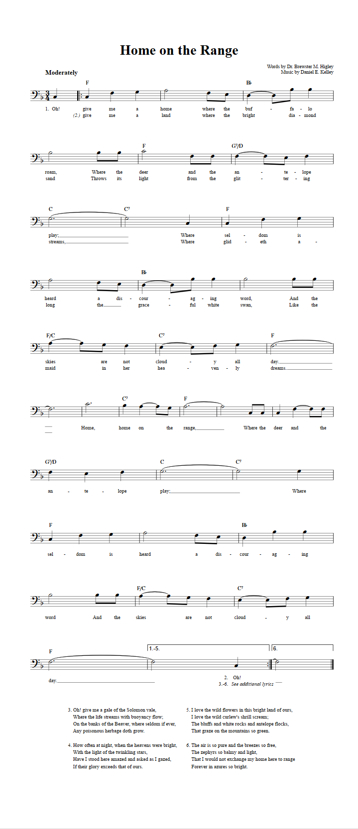 Home on the Range Bass Clef Sheet Music