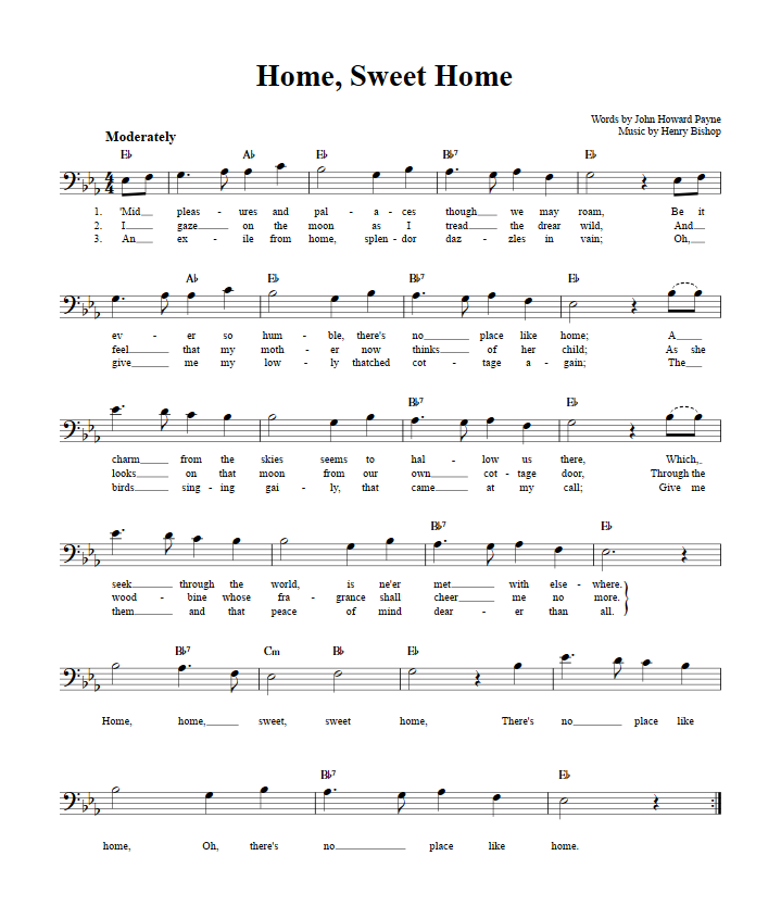Home, Sweet Home Bass Clef Sheet Music