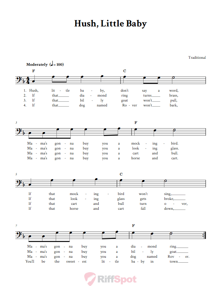 Hush, Little Baby Bass Clef Sheet Music