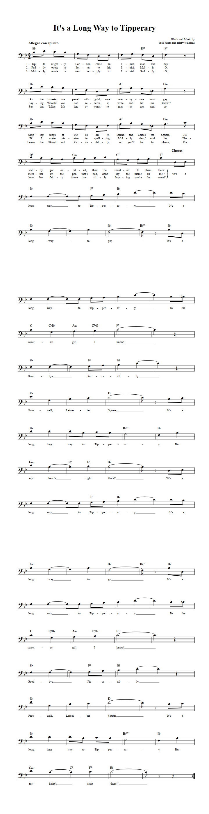 It's a Long Way to Tipperary Bass Clef Sheet Music