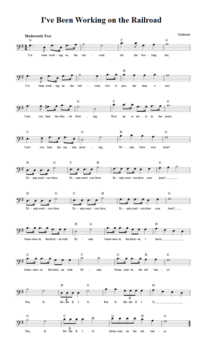 I've Been Working on the Railroad Bass Clef Sheet Music
