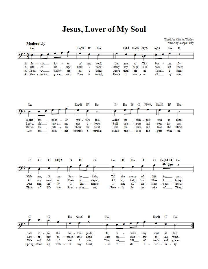 Jesus, Lover of My Soul Bass Clef Sheet Music