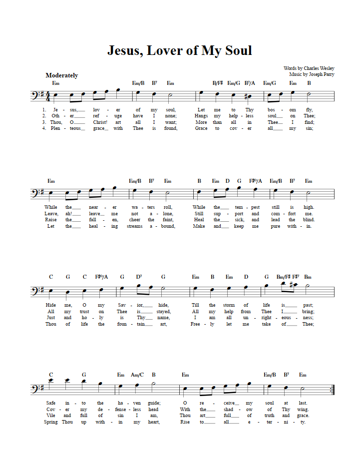 Jesus, Lover of My Soul Bass Clef Instrument Sheet Music (Lead Sheet ...