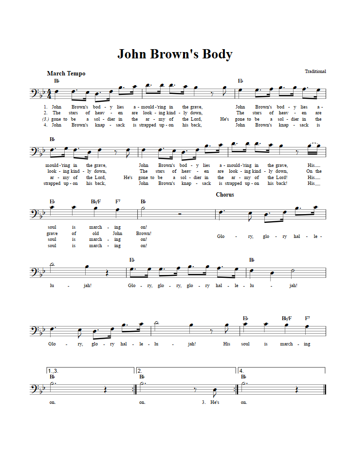 John Brown's Body Bass Clef Sheet Music