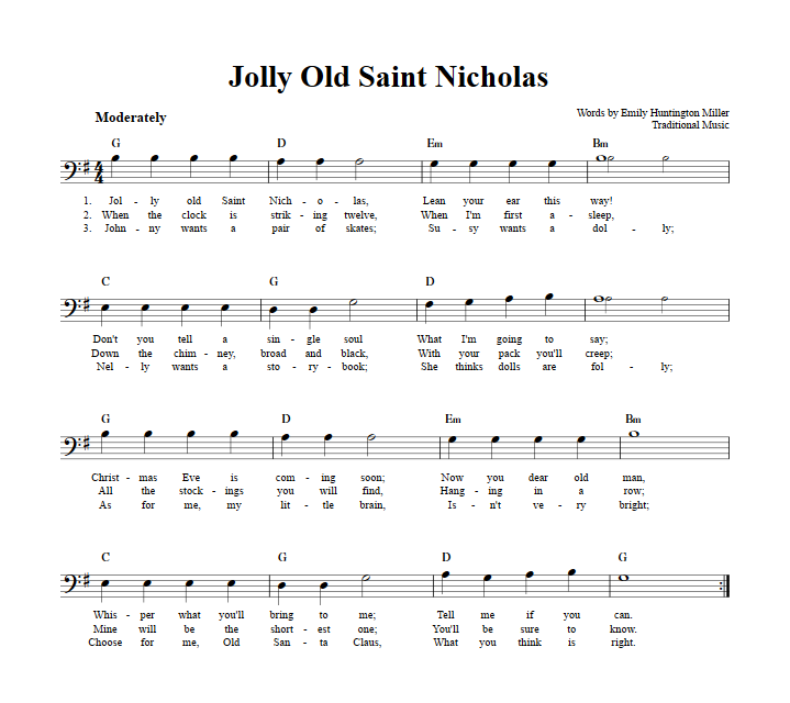 Jolly Old Saint Nicholas Bass Clef Instrument Sheet Music (Lead Sheet
