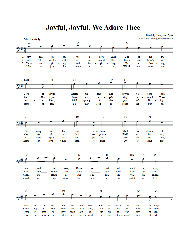 Joyful, Joyful, We Adore Thee Bass Clef Instrument Sheet Music (Lead Sheet) with Chords and Lyrics