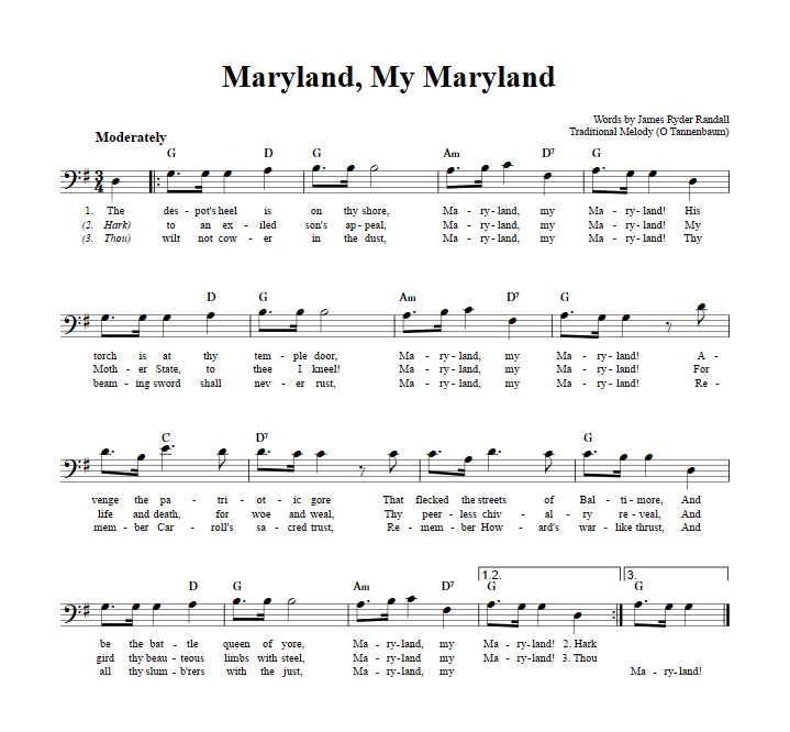 Maryland, My Maryland Bass Clef Sheet Music