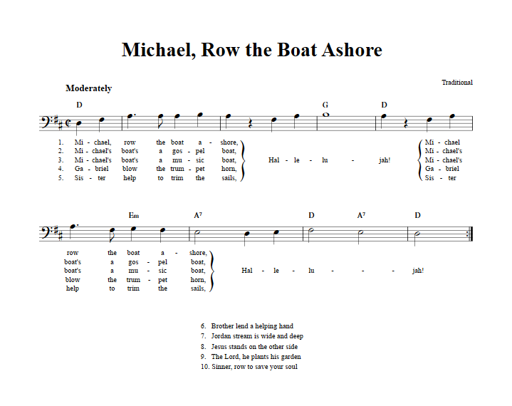 Michael Row the Boat Ashore Bass Clef Sheet Music