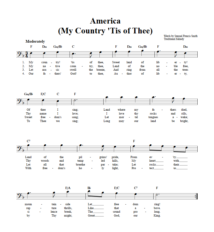 My Country, 'Tis of Thee Bass Clef Sheet Music