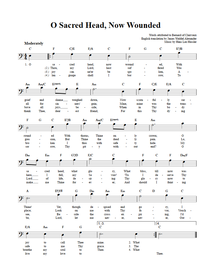 O Sacred Head, Now Wounded Bass Clef Sheet Music