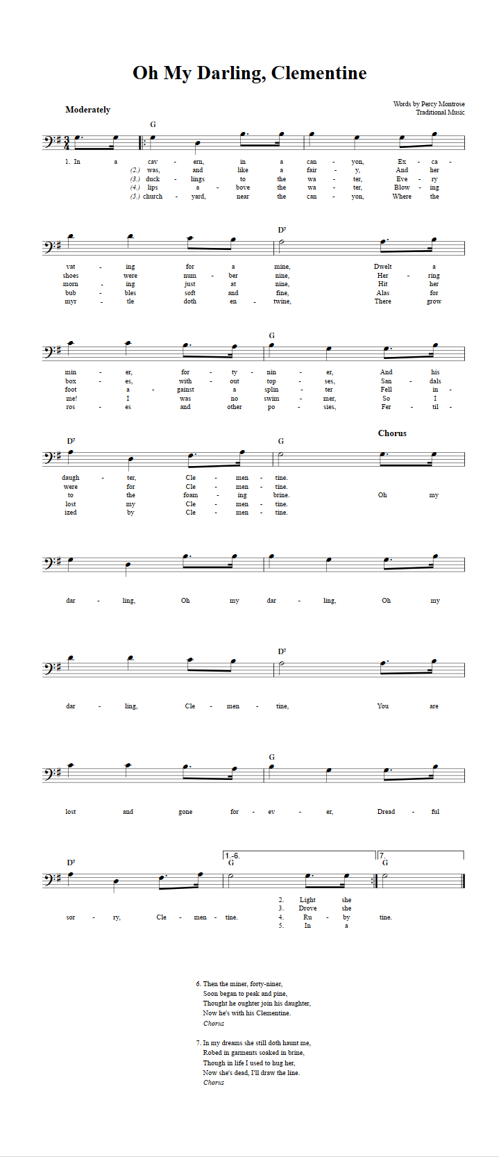 Oh My Darling, Clementine Bass Clef Sheet Music