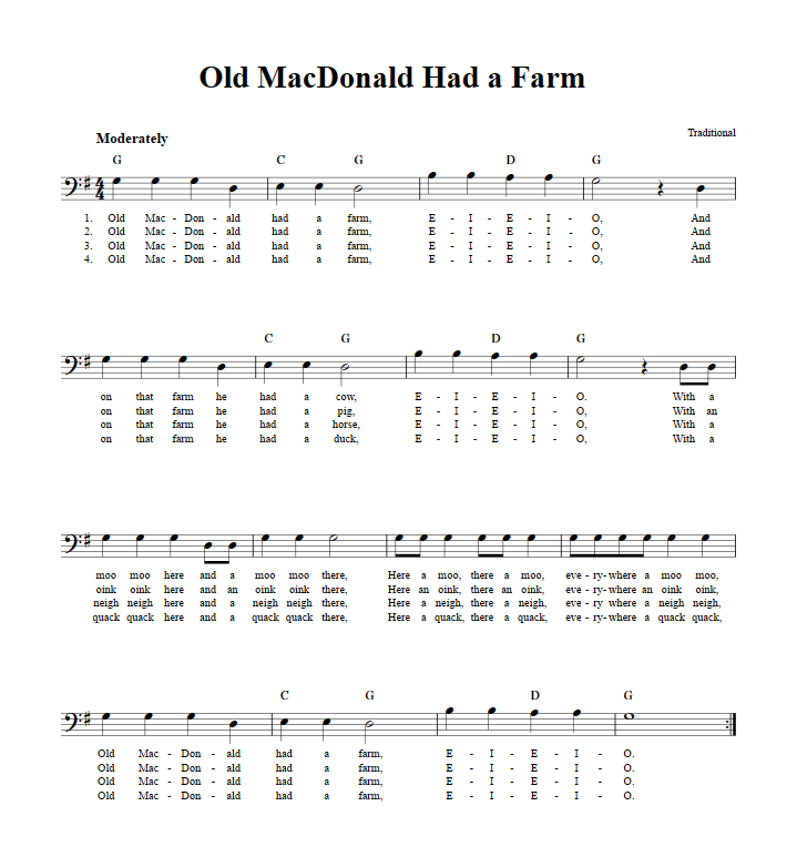 Old MacDonald Had a Farm Bass Clef Sheet Music