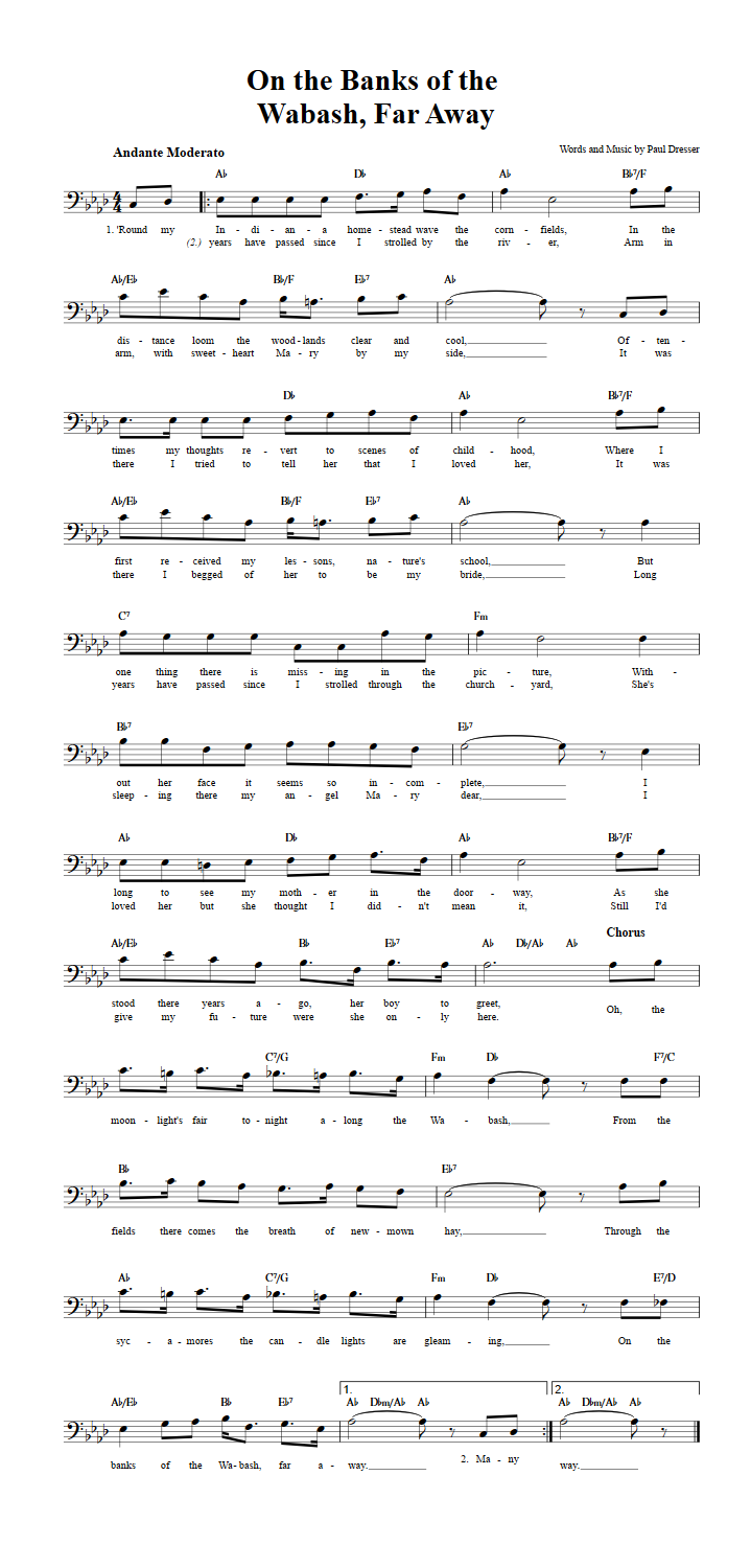 On the Banks of the Wabash, Far Away Bass Clef Sheet Music