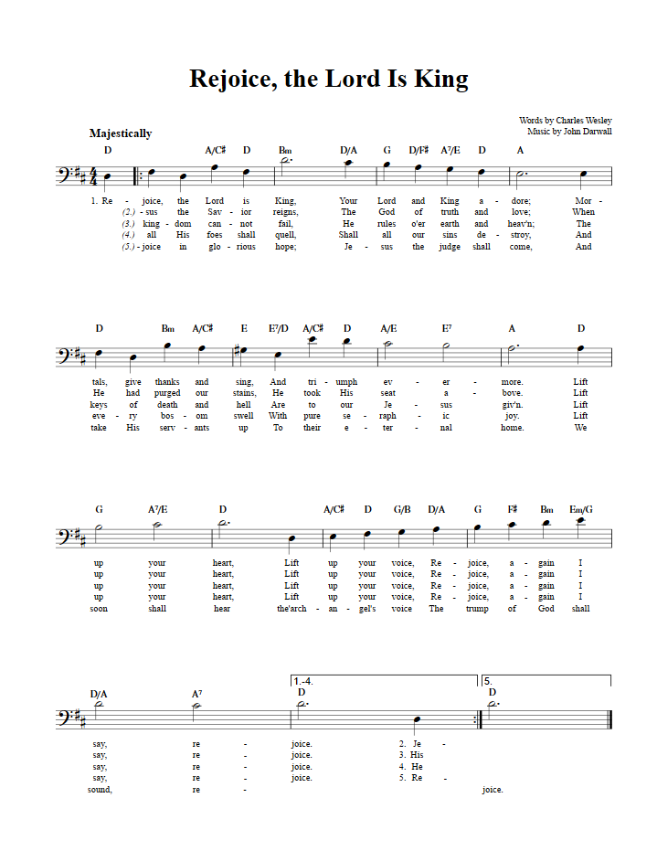 Rejoice, the Lord Is King Bass Clef Sheet Music