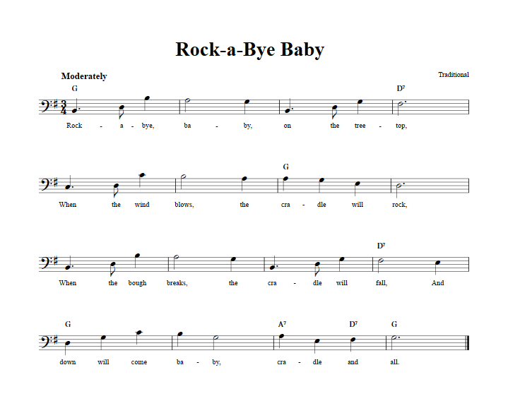 Rock-a-Bye Baby Bass Clef Sheet Music