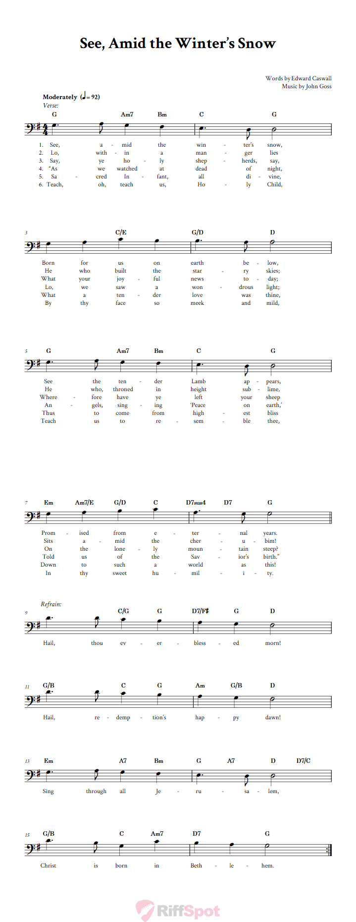 See, Amid the Winter's Snow Bass Clef Sheet Music