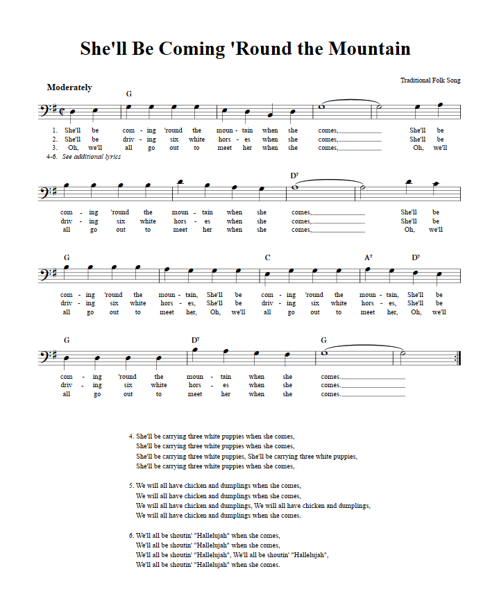 She'll Be Coming 'Round the Mountain Bass Clef Sheet Music
