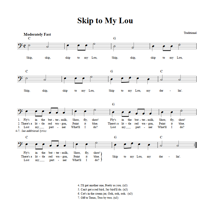Skip to My Lou Bass Clef Sheet Music