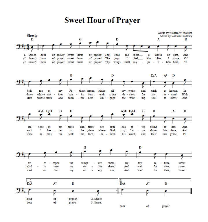 Sweet Hour of Prayer Bass Clef Sheet Music