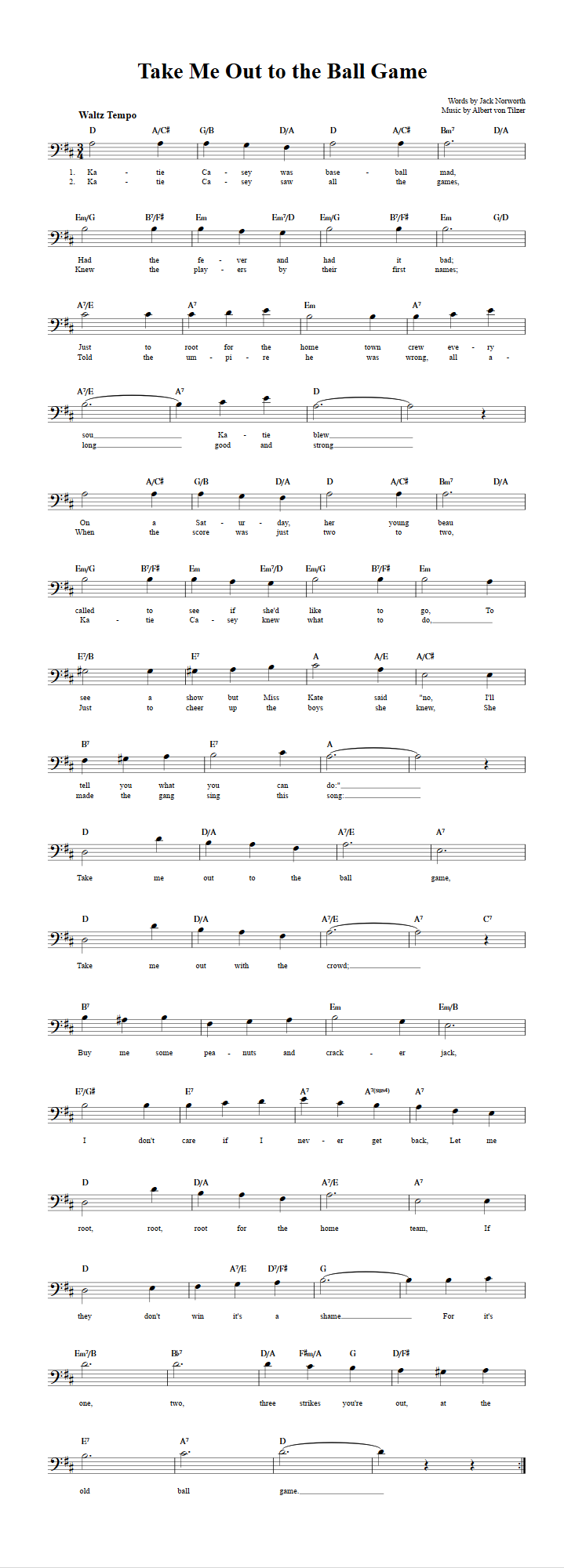 Take Me Out to the Ball Game Bass Clef Sheet Music