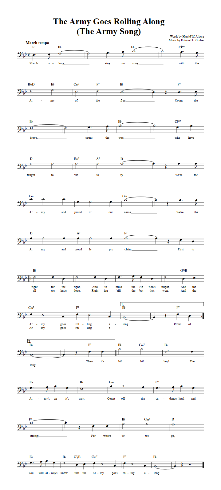 The Army Goes Rolling Along Bass Clef Sheet Music