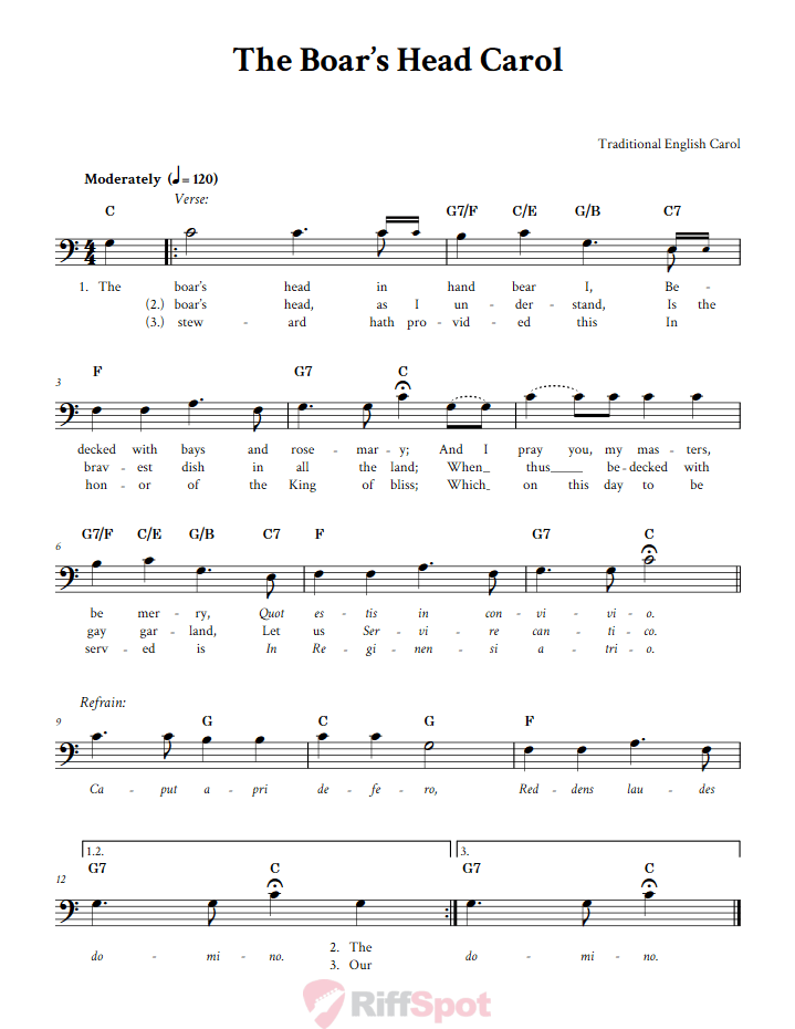 The Boar's Head Carol Bass Clef Sheet Music